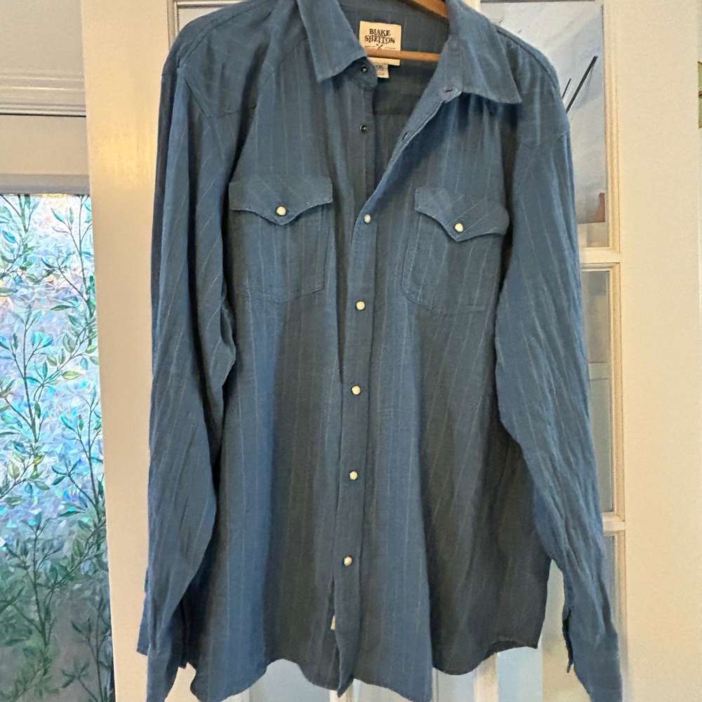 Lands End Blake Shelton 2XLT Pearl Snap Shirt Blue Cowboy Striped Western